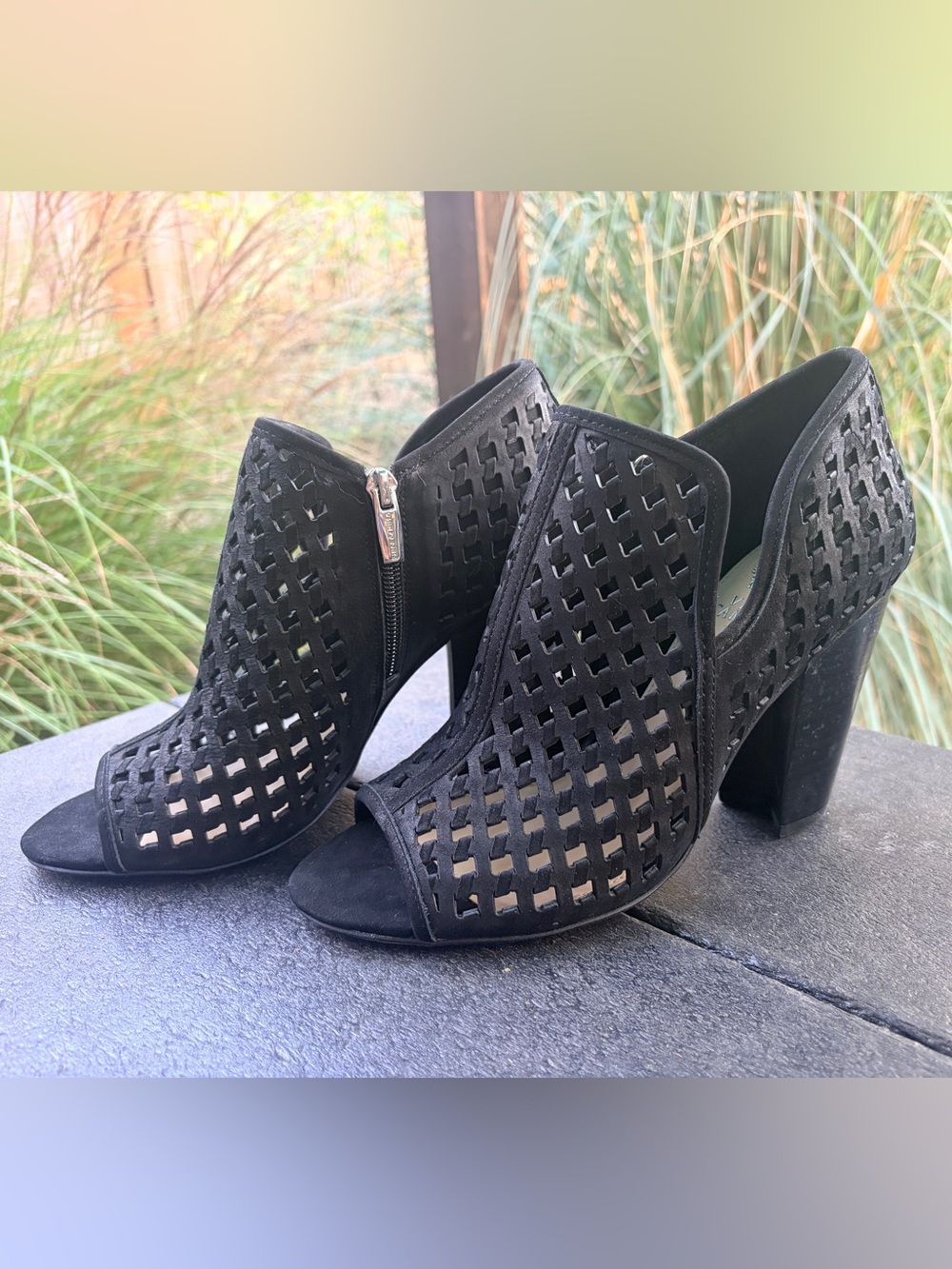 Vince Camuto Black Suede Perforated Peep Toe Booties 8.5